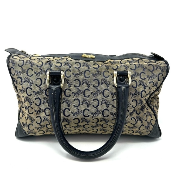 Celine Vintage Macadam Boston Bag – Triomphe Horse Carriage Logo, Navy Canvas - Picture 1 of 12